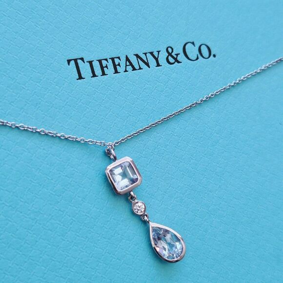 Tiffany & Co. Jewelry - $4000 Tiffany & Co. 18k WG 1.59ctw Aquamarine & Diamond Lariat Pendant Necklace